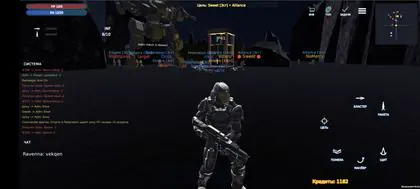 Armed sci-fi pilot with a combat mech and faction fighters behind