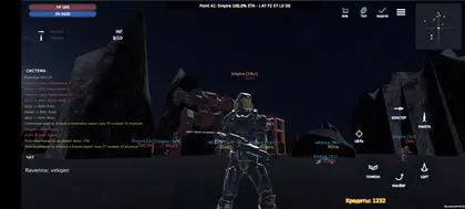 Armed pilot posing in front of a combat mech during a faction battle