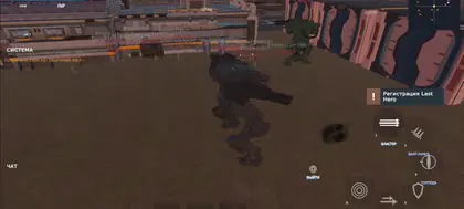 Player-controlled combat mech inside a crowded faction headquarters
