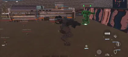 Two combat mechs and faction pilots gathered at a headquarters